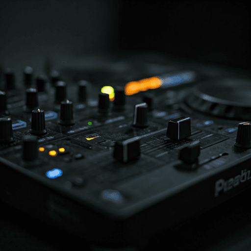 Primer plano de una controladora profesional de DJ con luces LED azules.