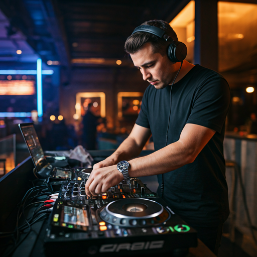 DJ profesional mezclando música en un lounge exclusivo.